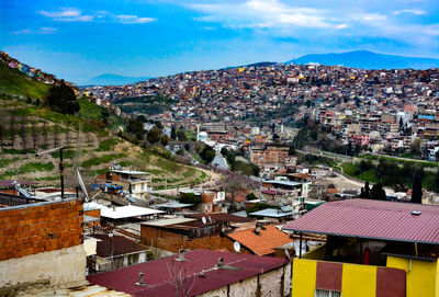 High angle view of townscape against sky