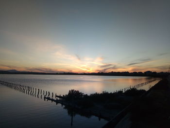 Scenic view of lake against sky during sunset