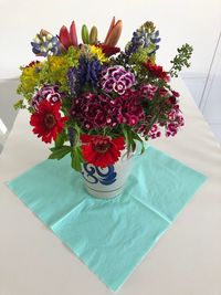 High angle view of flower vase on table