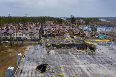 The aerial view of the destroyed supermarket roof. 