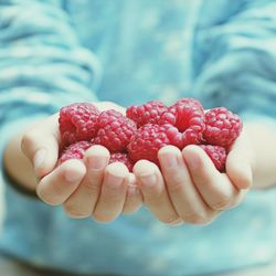 Cropped image of hand holding raspberries