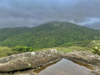 Scenic view of river by mountains against sky