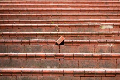 Low angle view of metallic structure on brick wall