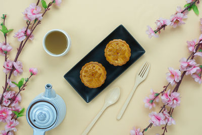 High angle view of breakfast on table