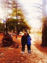 Rear view of couple walking against trees