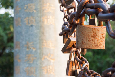 Close-up of rusty padlocks with chain by column