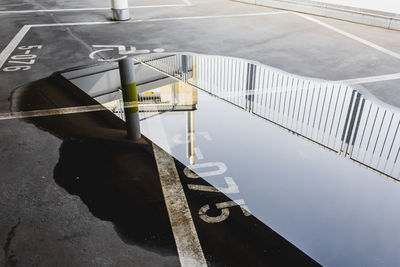 High angle view of sign by road in city