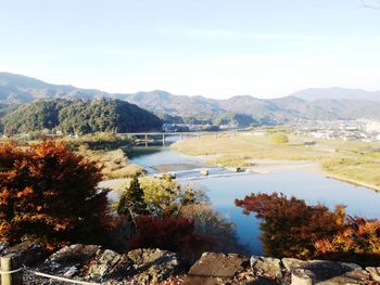 Scenic view of lake by mountains against sky