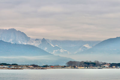 Scenic view of snowcapped mountains against sky