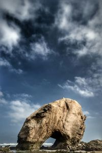 Low angle view of rock formation against cloudy sky