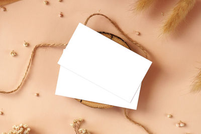 High angle view of paper on table