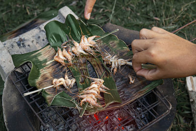 High angle view of person holding food