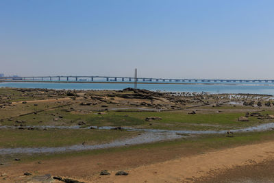 Scenic view of beach against clear sky