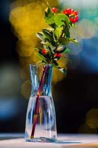 Close-up of red rose in glass vase on table
