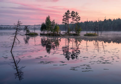 Scenic view of lake against sky at sunset