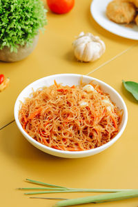 High angle view of food in plate on table