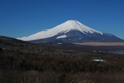 Scenic view of snowcapped mountain against blue sky