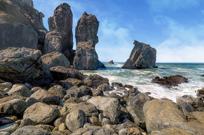 Rocks on beach against sky
