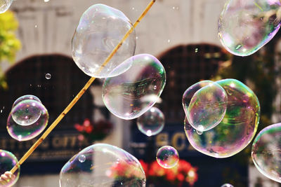 Close-up of water bubbles in mid-air