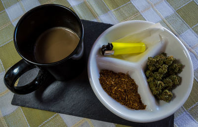 High angle view of breakfast served on table