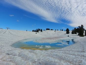 People skiing on snow covered landscape