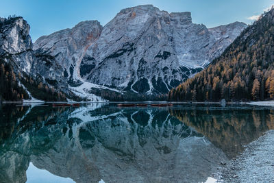 Scenic view of lake by mountains against clear sky