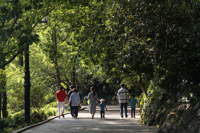 Rear view of people walking in park