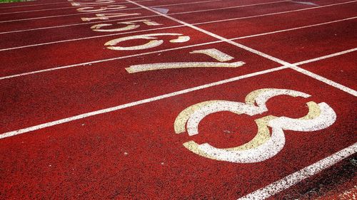 High angle view of numbers on running track