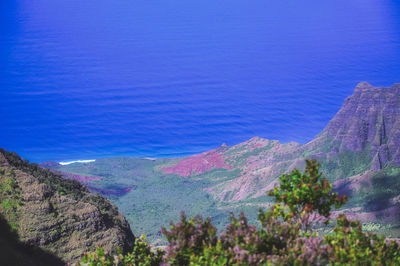 High angle view of sea and mountains