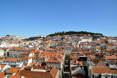 High angle view of cityscape against clear blue sky