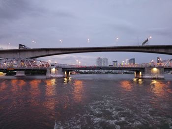 Bridge over river against sky in city at dusk