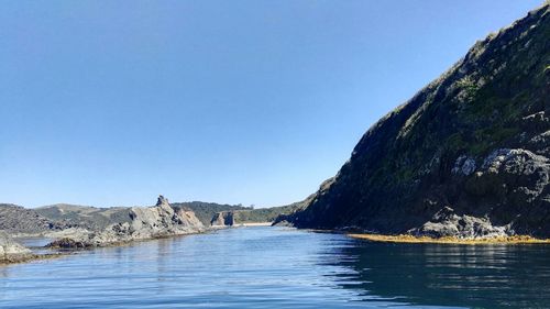 Scenic view of sea against clear blue sky