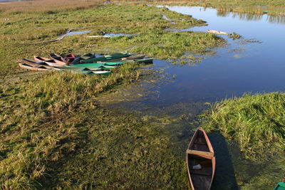 High angle view of boats in calm lake