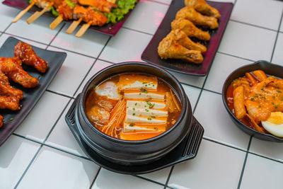 High angle view of food served on table