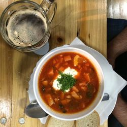 High angle view of soup in bowl on table