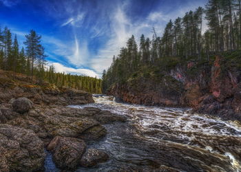 Scenic view of waterfall in forest against sky