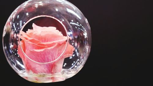 Close-up of glass on table against black background