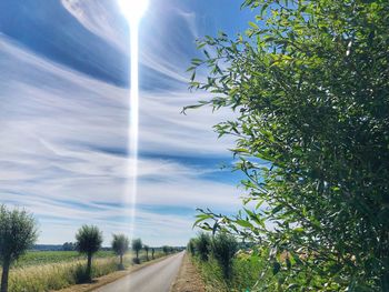 Road amidst trees against sky on sunny day