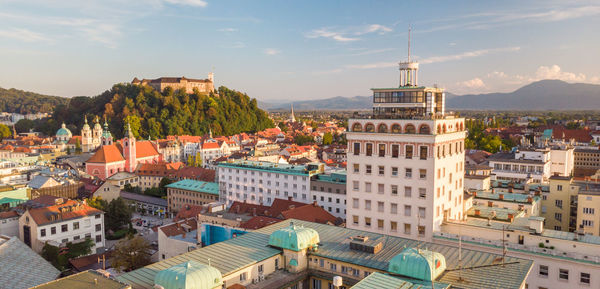 High angle view of buildings in city