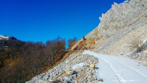 Road amidst landscape against clear blue sky