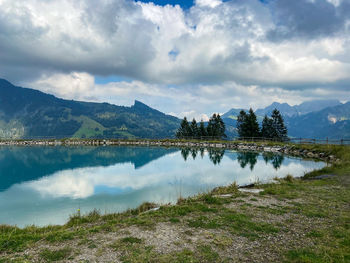 Scenic view of lake and mountains against sky