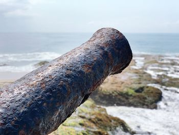 Close-up of rusty chain on beach against sky
