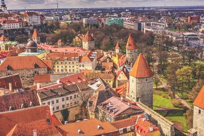 High angle view of town against sky