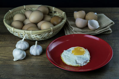 Close-up of eggs in basket on table