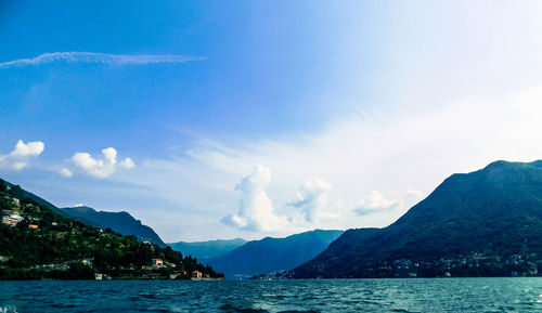 Scenic view of sea and mountains against sky