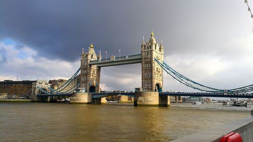 View of bridge over river against cloudy sky