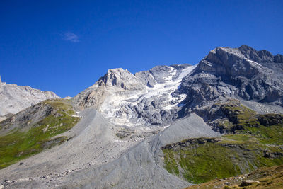 Scenic view of snowcapped mountains against clear blue sky