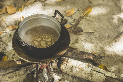 High angle view of meat in cooking pot