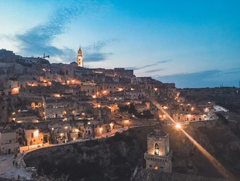 High angle view of illuminated buildings at night