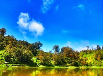 Scenic view of lake against cloudy sky